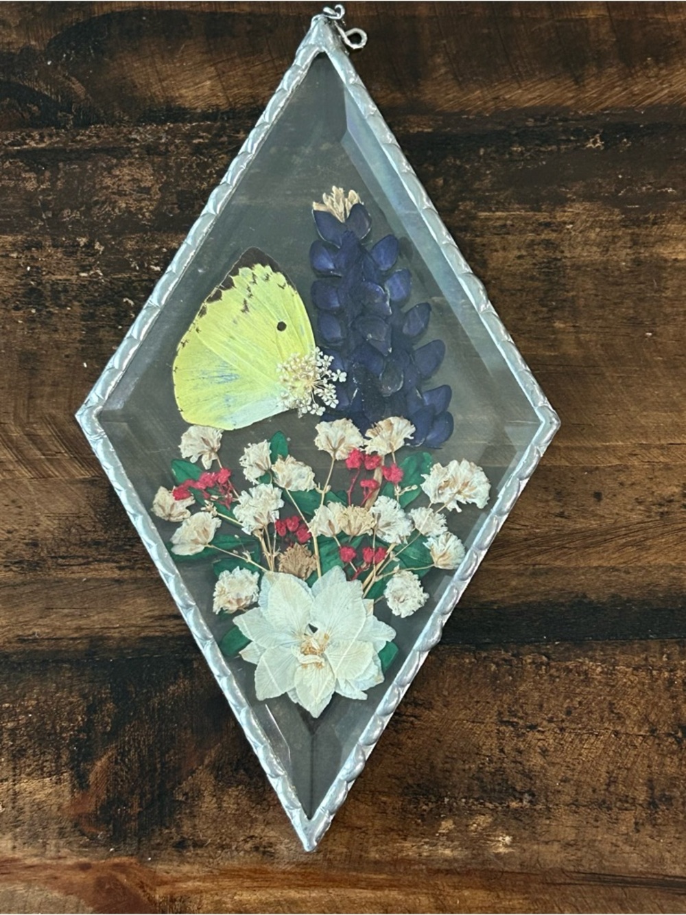 Vintage Pressed Butterfly & Flowers Pressed Beveled Glass Diamond Shaped Frame